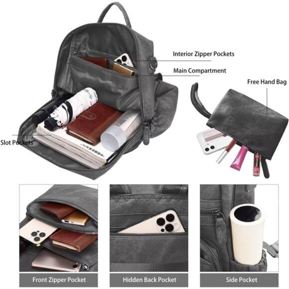 Women Backpack Purse Bag PU Leather Grey - Picture 4 of 7